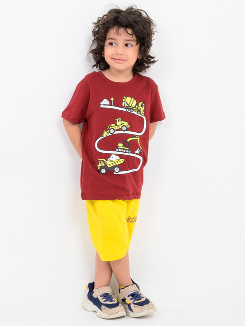 Under Construction Combo Cotton Short Set (Maroon-Yellow)